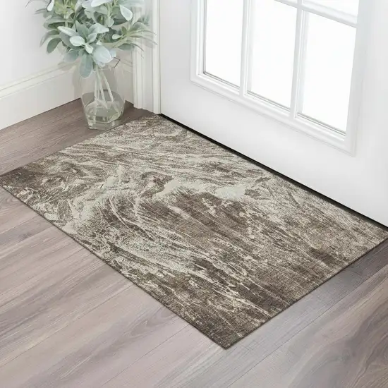 Brown And Beige Abstract Washable Area Rug With UV Protection Photo 2