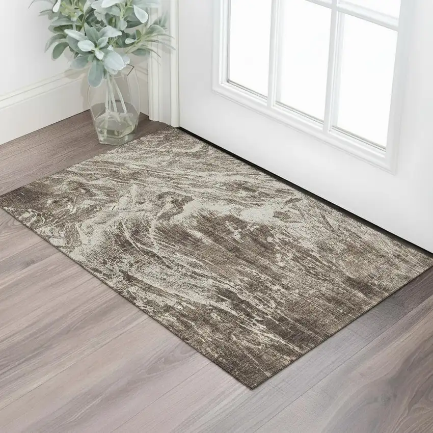 Brown And Beige Abstract Washable Area Rug With UV Protection Photo 2