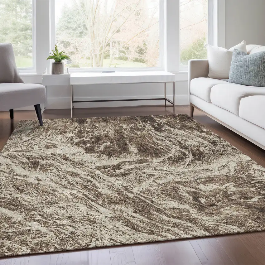 Brown And Beige Abstract Washable Area Rug With UV Protection Photo 6
