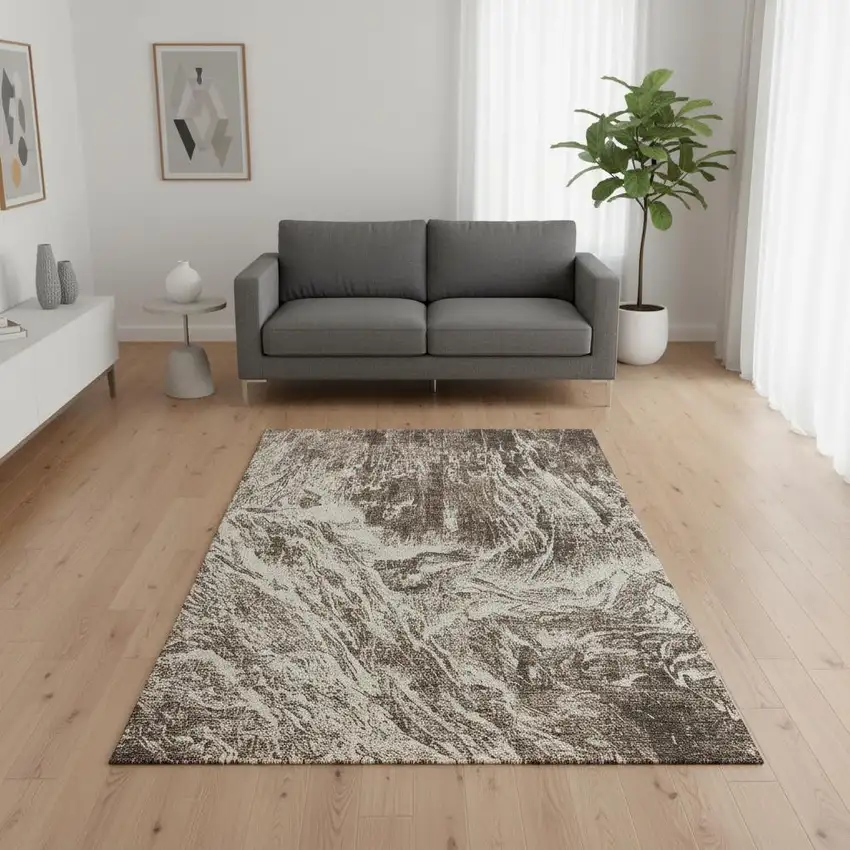 Brown And Beige Abstract Washable Area Rug With UV Protection Photo 2