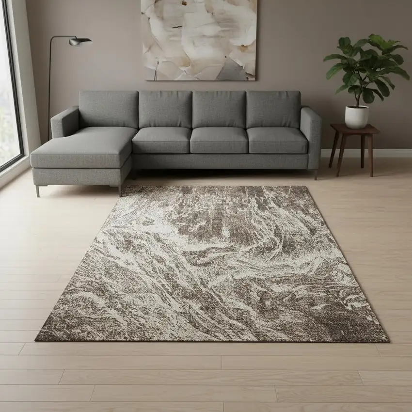 Brown And Beige Abstract Washable Area Rug With UV Protection Photo 2