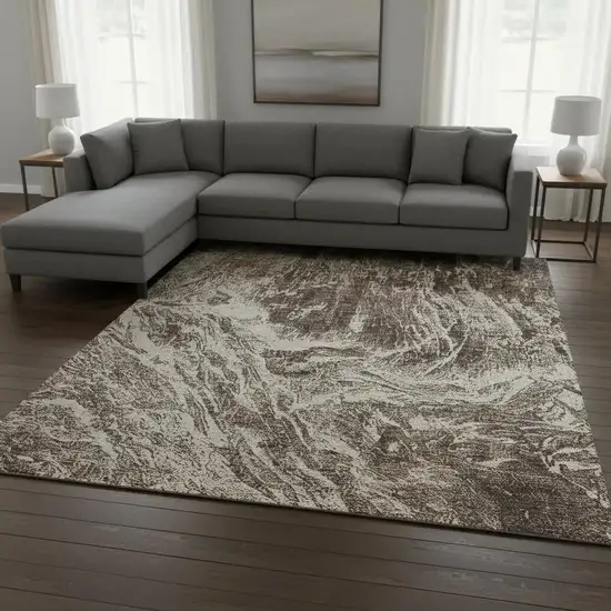 Brown And Beige Abstract Washable Area Rug With UV Protection Photo 2