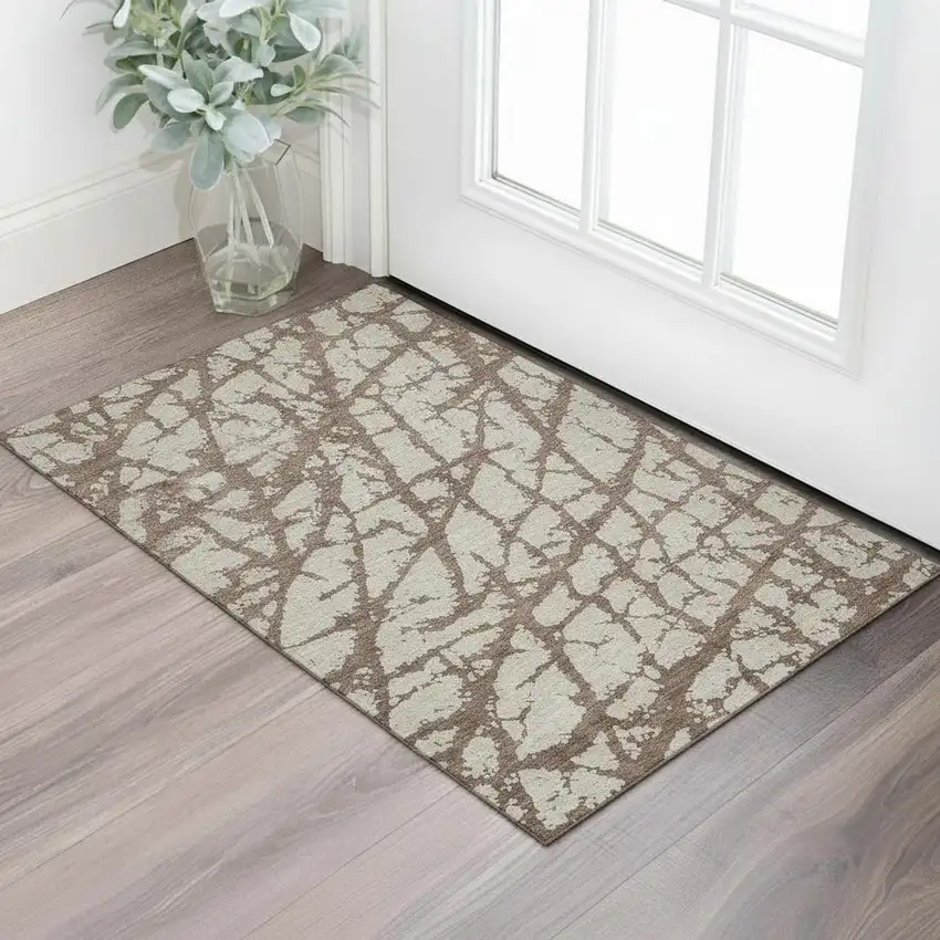 Brown And Beige Abstract Washable Area Rug With UV Protection Photo 2