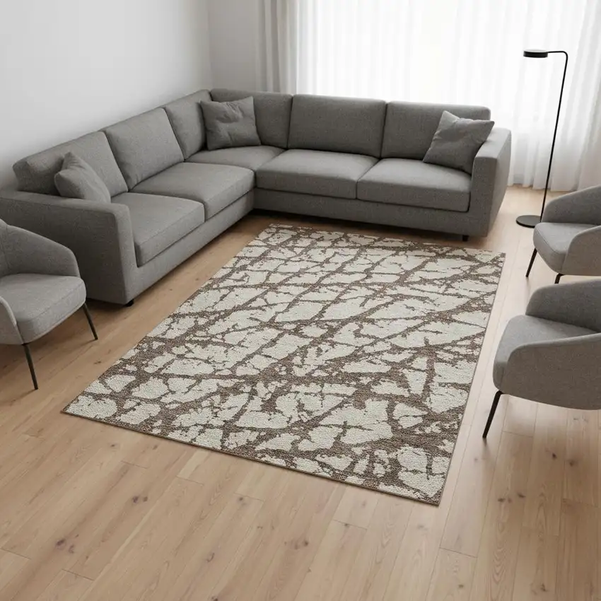 Brown And Beige Abstract Washable Area Rug With UV Protection Photo 2