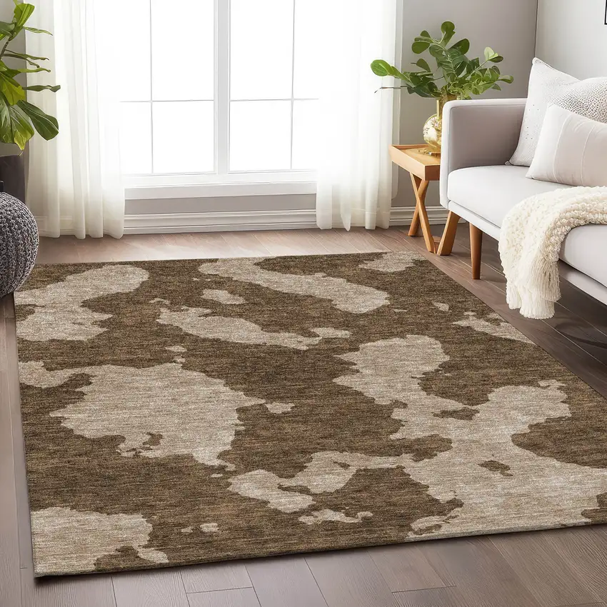 Brown And Beige Abstract Washable Area Rug With UV Protection Photo 3