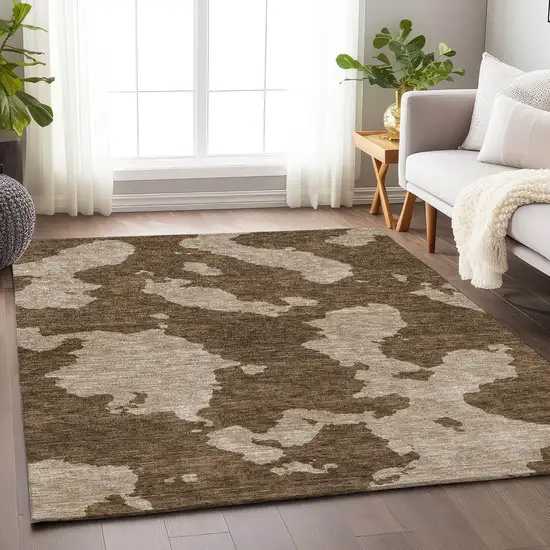Brown And Beige Abstract Washable Area Rug With UV Protection Photo 4