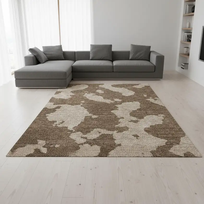 Brown And Beige Abstract Washable Area Rug With UV Protection Photo 2