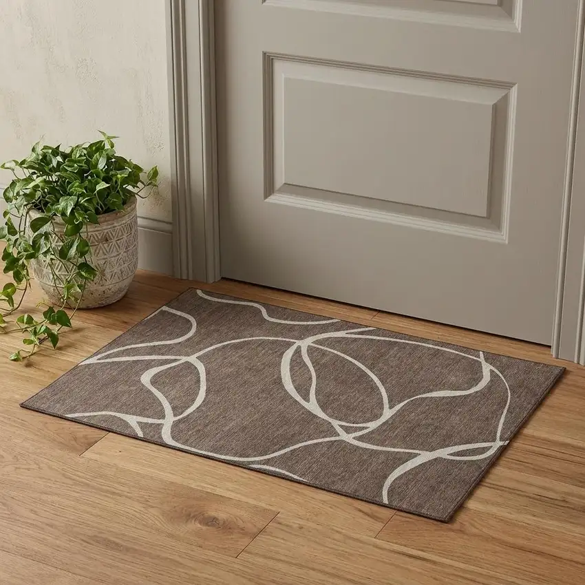 Brown And Beige Abstract Washable Area Rug With UV Protection Photo 1
