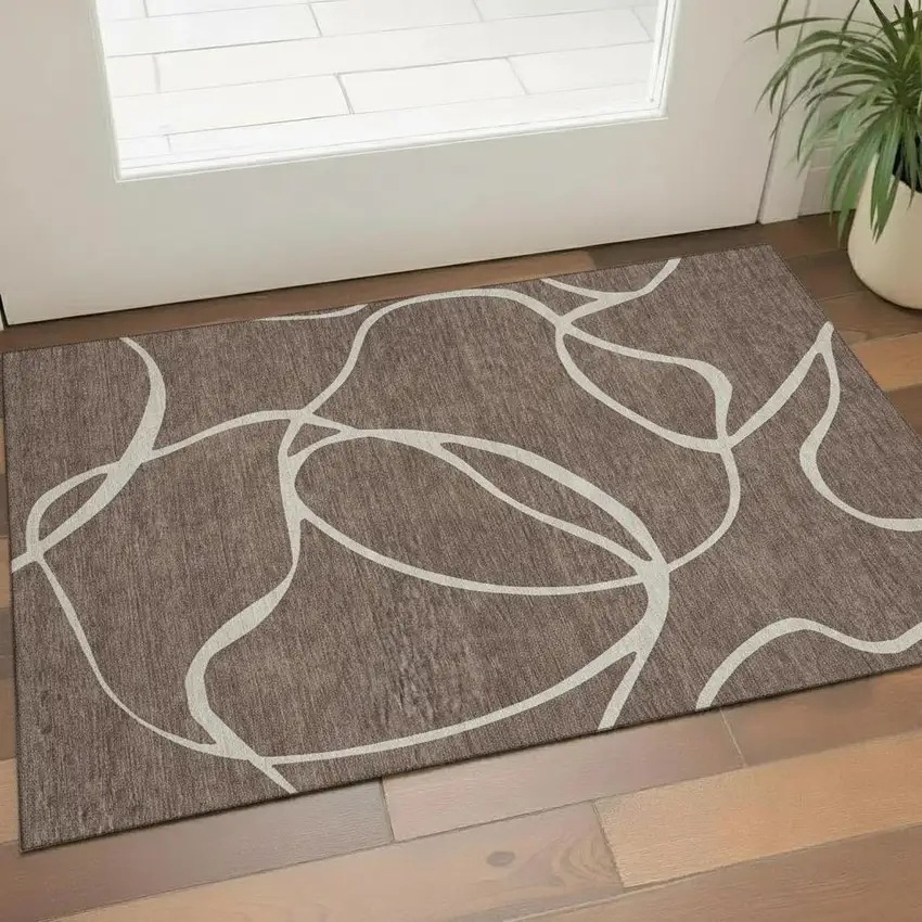 Brown And Beige Abstract Washable Area Rug With UV Protection Photo 2
