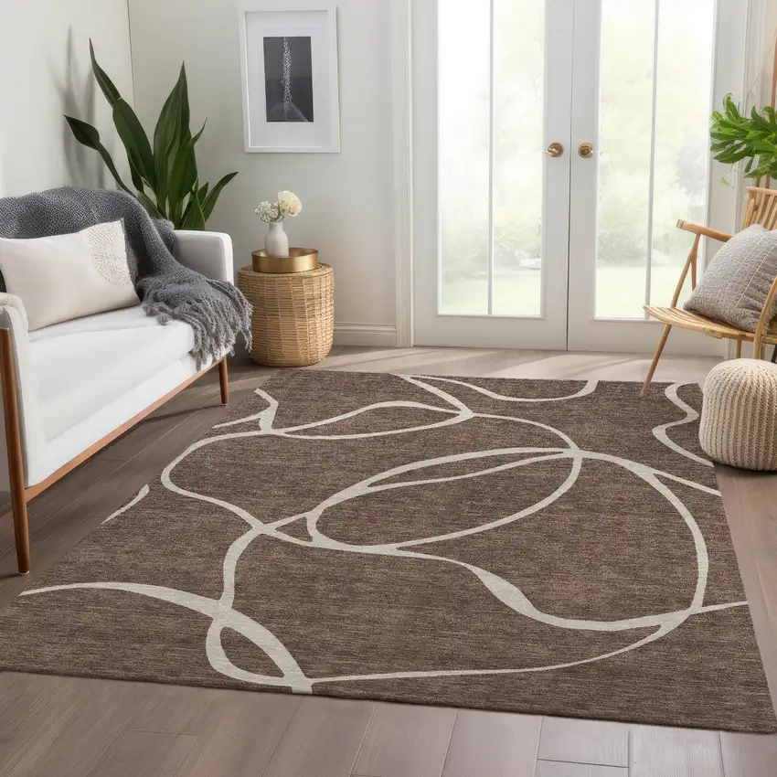 Brown And Beige Abstract Washable Area Rug With UV Protection Photo 4