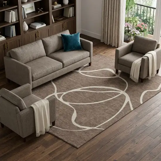 Brown And Beige Abstract Washable Area Rug With UV Protection Photo 1