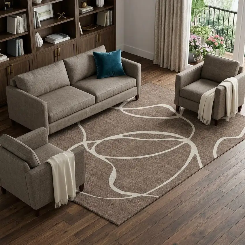 Brown And Beige Abstract Washable Area Rug With UV Protection Photo 1