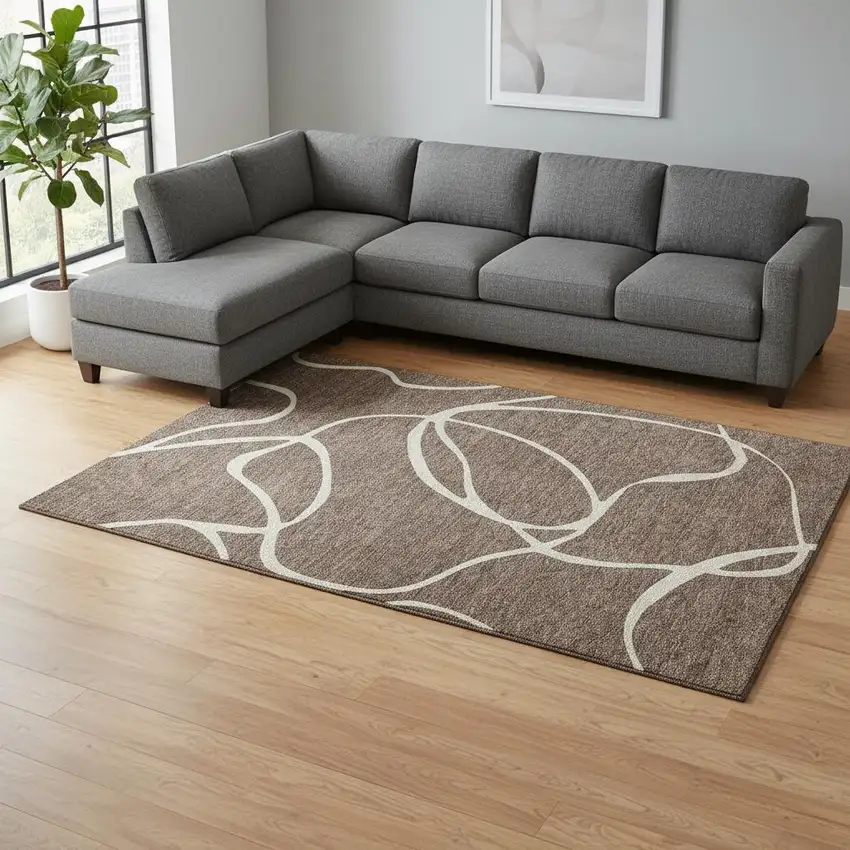 Brown And Beige Abstract Washable Area Rug With UV Protection Photo 2
