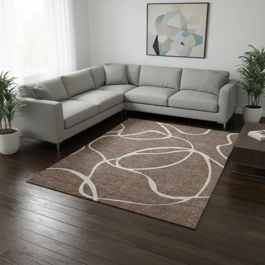 Brown And Beige Abstract Washable Area Rug With UV Protection Photo 2