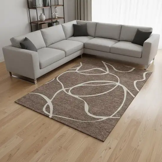 Brown And Beige Abstract Washable Area Rug With UV Protection Photo 2