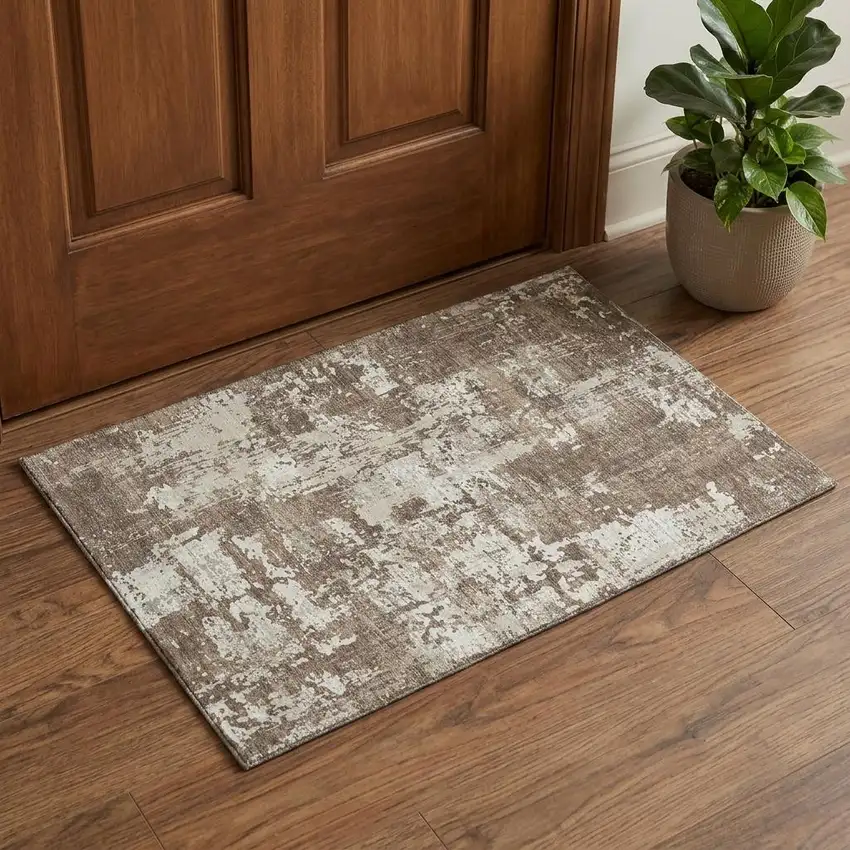 Brown And Beige Abstract Washable Area Rug With UV Protection Photo 1
