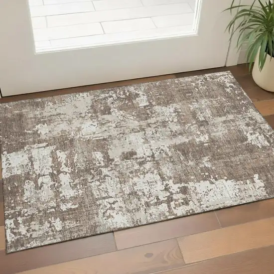 Brown And Beige Abstract Washable Area Rug With UV Protection Photo 1