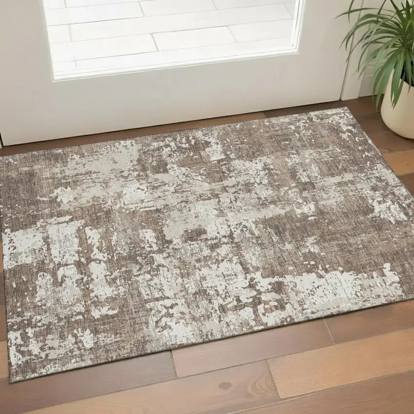 Brown And Beige Abstract Washable Area Rug With UV Protection Photo 1