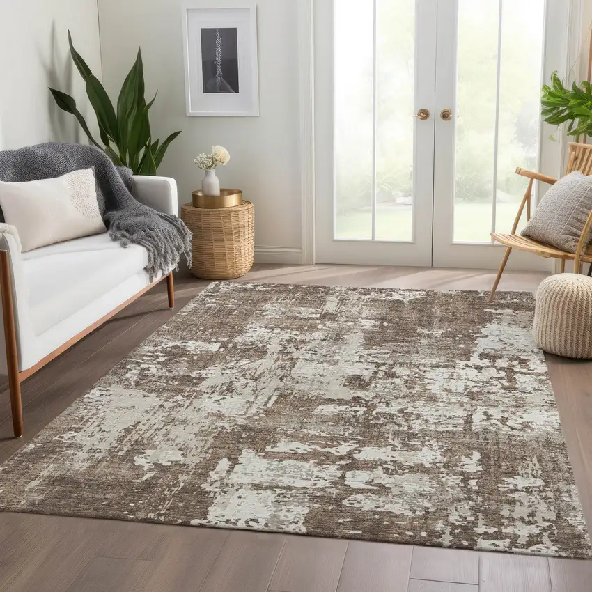 Brown And Beige Abstract Washable Area Rug With UV Protection Photo 4