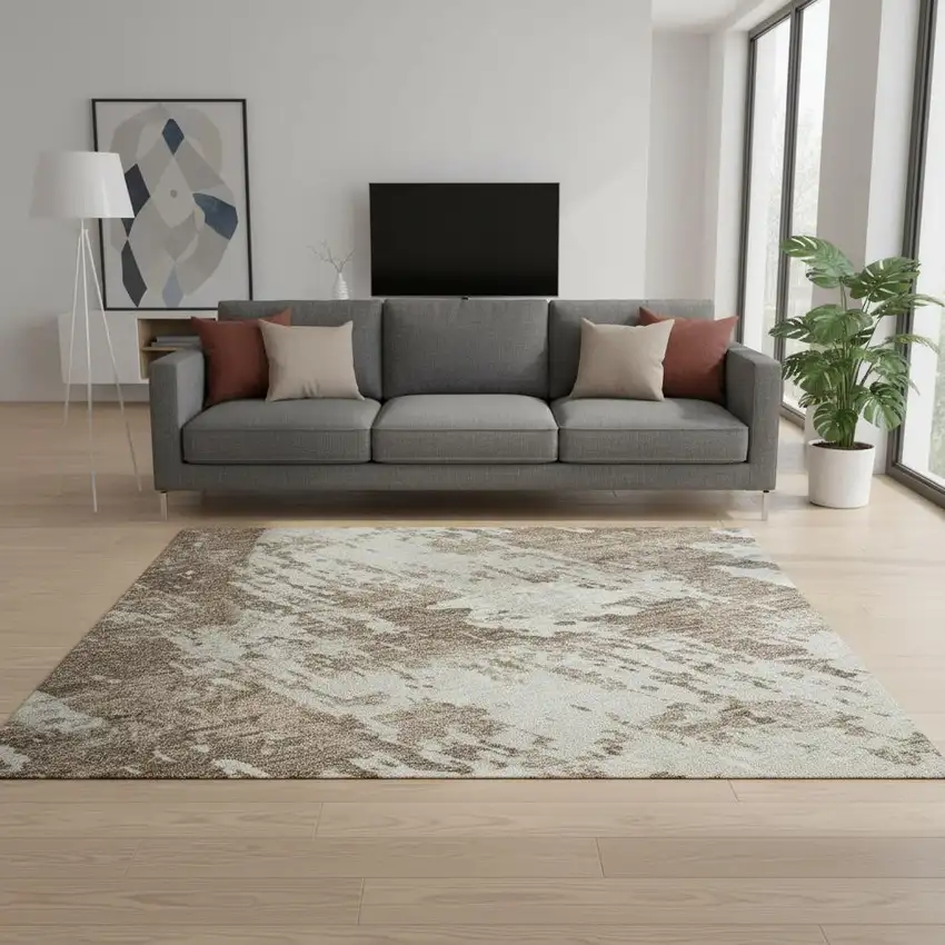 Brown And Beige Abstract Washable Area Rug With UV Protection Photo 2