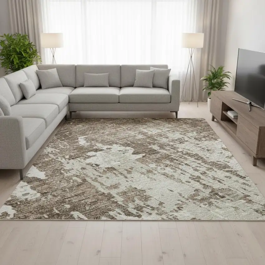 Brown And Beige Abstract Washable Area Rug With UV Protection Photo 2