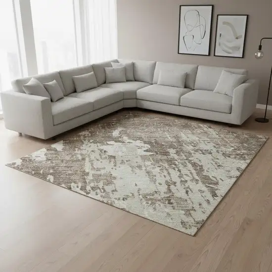 Brown And Beige Abstract Washable Area Rug With UV Protection Photo 2