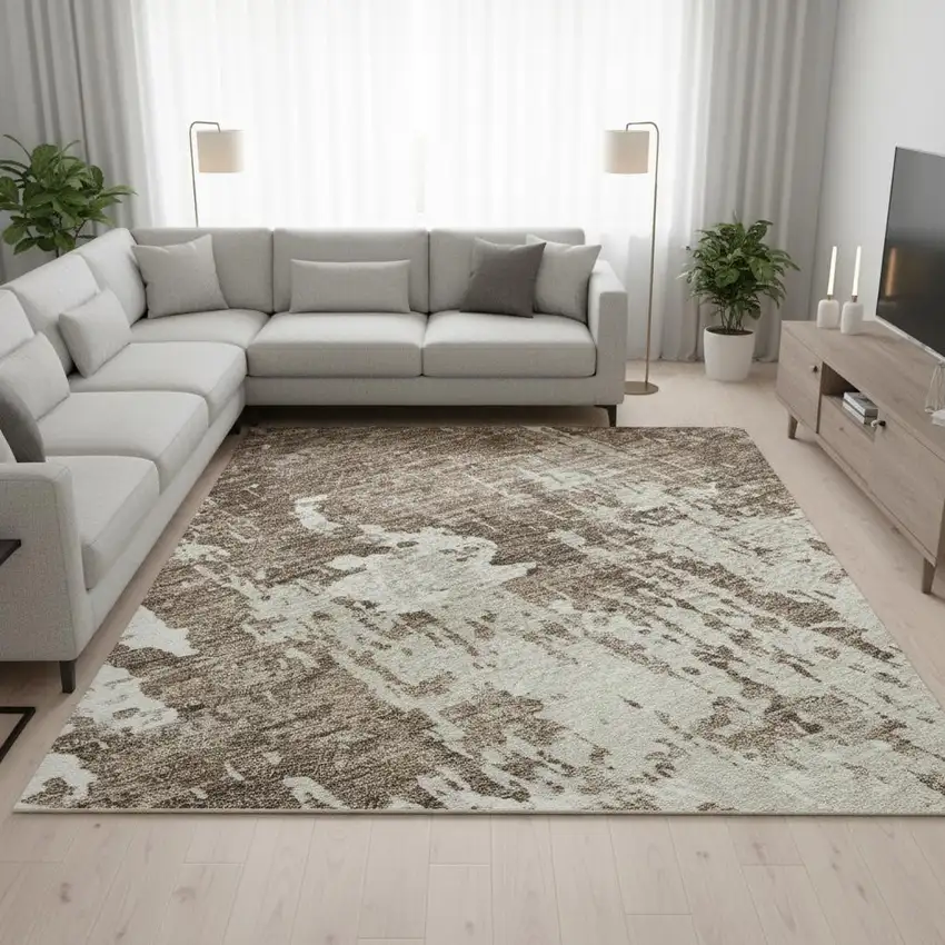 Brown And Beige Abstract Washable Area Rug With UV Protection Photo 2