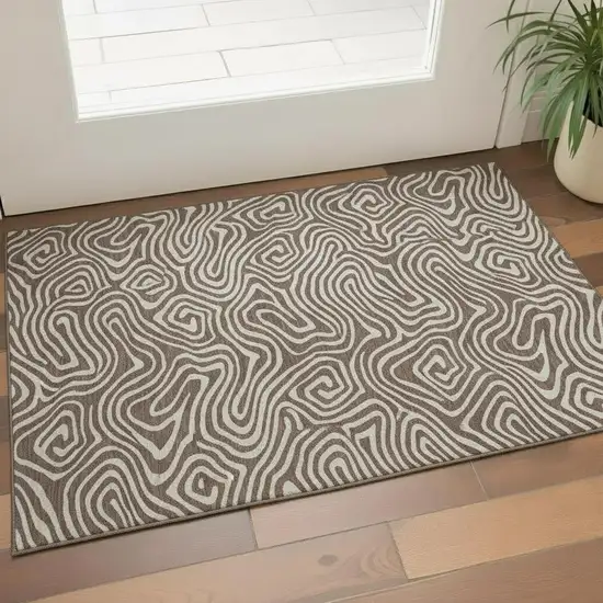 Brown And Beige Abstract Washable Area Rug With UV Protection Photo 2