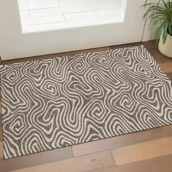Brown And Beige Abstract Washable Area Rug With UV Protection Photo 1