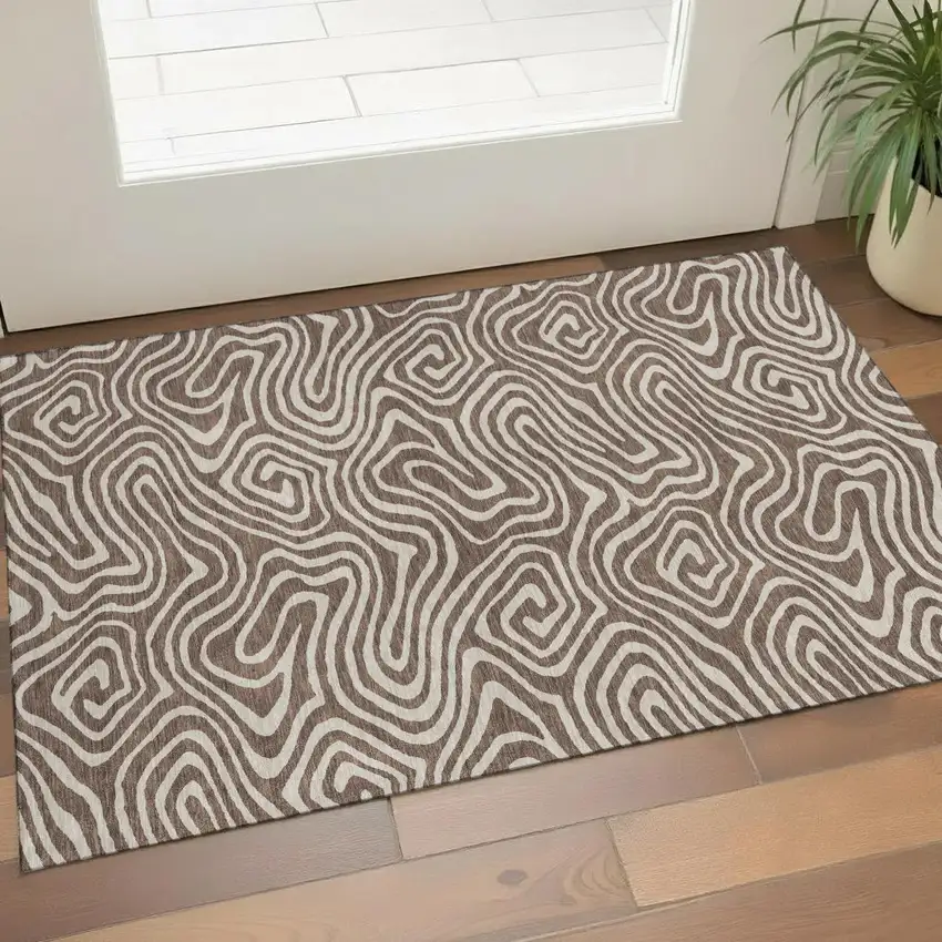 Brown And Beige Abstract Washable Area Rug With UV Protection Photo 1