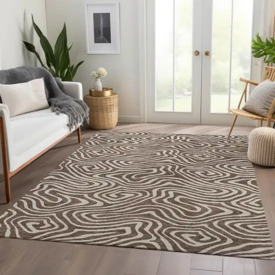 Brown And Beige Abstract Washable Area Rug With UV Protection Photo 5