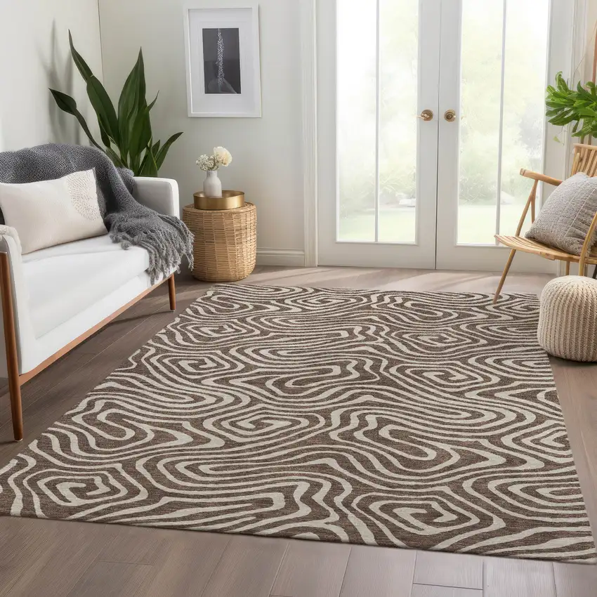 Brown And Beige Abstract Washable Area Rug With UV Protection Photo 5