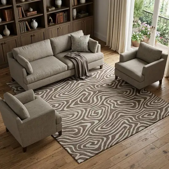 Brown And Beige Abstract Washable Area Rug With UV Protection Photo 1