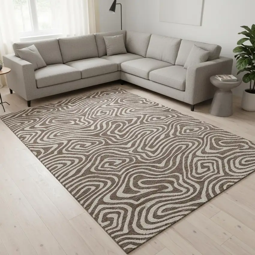 Brown And Beige Abstract Washable Area Rug With UV Protection Photo 2