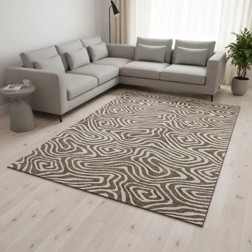 Brown And Beige Abstract Washable Area Rug With UV Protection Photo 2