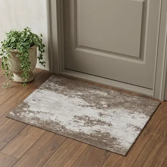 Brown And Beige Abstract Washable Area Rug With UV Protection Photo 1