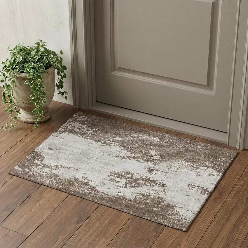 Brown And Beige Abstract Washable Area Rug With UV Protection Photo 1