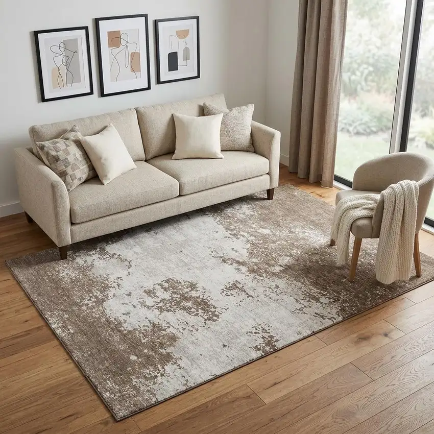 Brown And Beige Abstract Washable Area Rug With UV Protection Photo 1