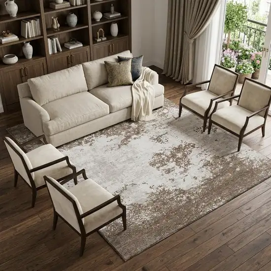 Brown And Beige Abstract Washable Area Rug With UV Protection Photo 1