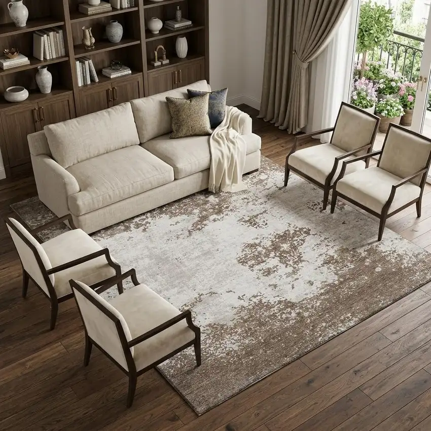 Brown And Beige Abstract Washable Area Rug With UV Protection Photo 1