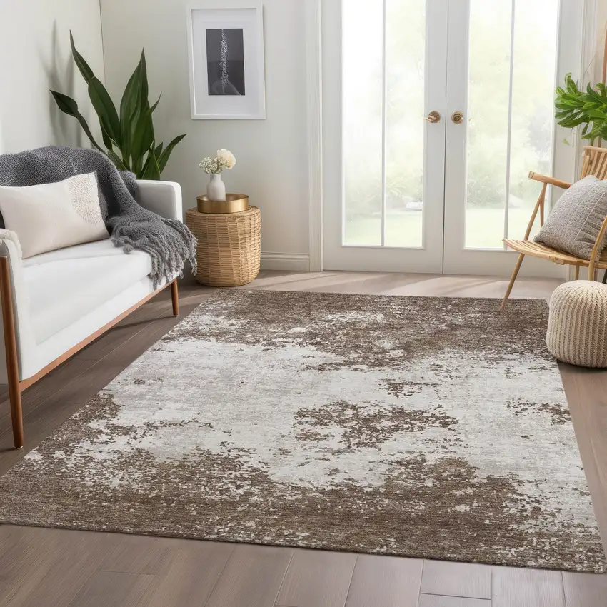 Brown And Beige Abstract Washable Area Rug With UV Protection Photo 4