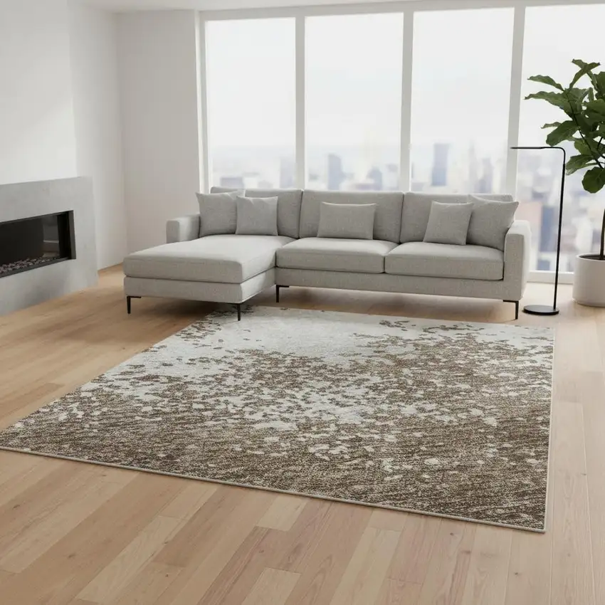 Brown And Beige Abstract Washable Area Rug With UV Protection Photo 2