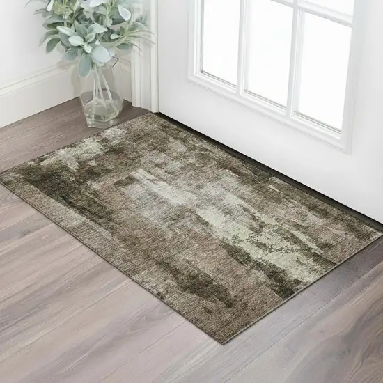 Brown And Beige Abstract Washable Area Rug With UV Protection Photo 2