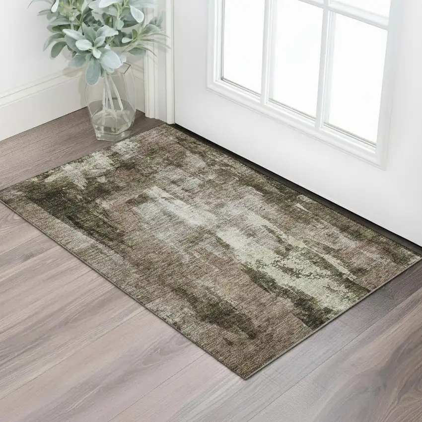 Brown And Beige Abstract Washable Area Rug With UV Protection Photo 2