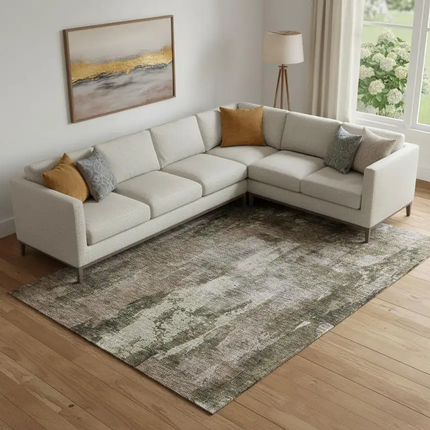 Brown And Beige Abstract Washable Area Rug With UV Protection Photo 2