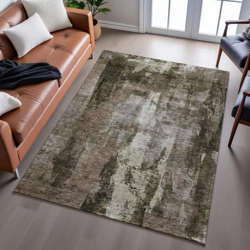 Brown And Beige Abstract Washable Area Rug With UV Protection Photo 5
