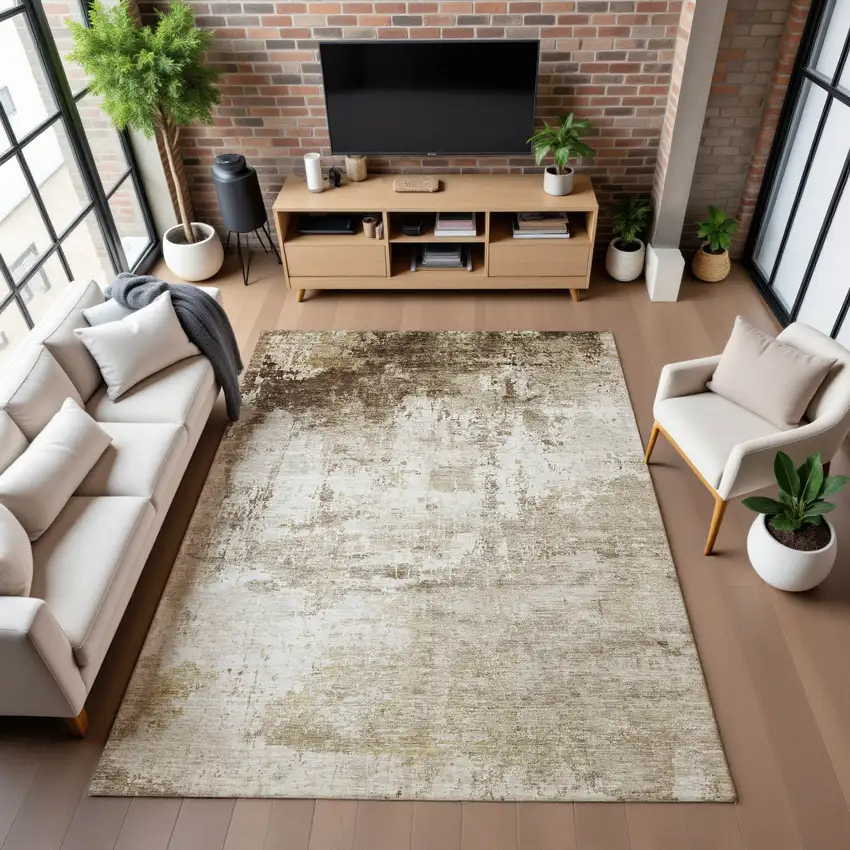 Brown And Beige Abstract Washable Area Rug With UV Protection Photo 1