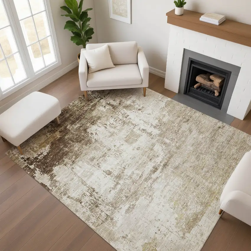 Brown And Beige Abstract Washable Area Rug With UV Protection Photo 2