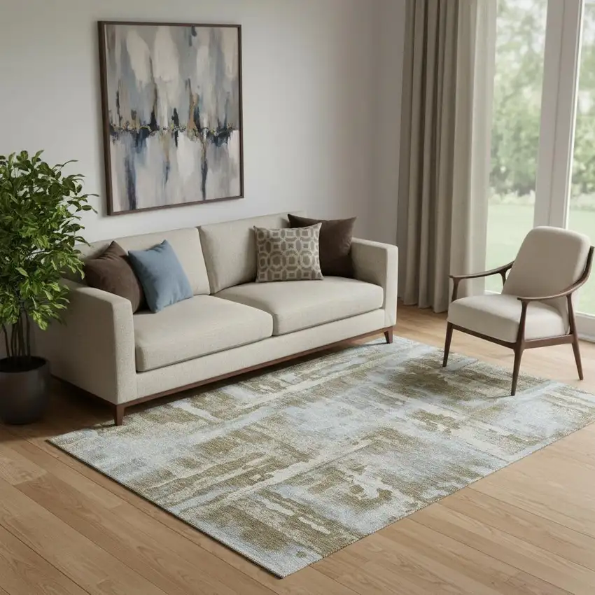 Brown And Beige Abstract Washable Area Rug With UV Protection Photo 2