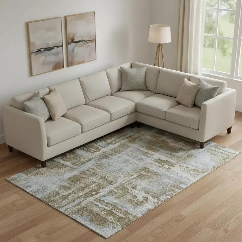 Brown And Beige Abstract Washable Area Rug With UV Protection Photo 2